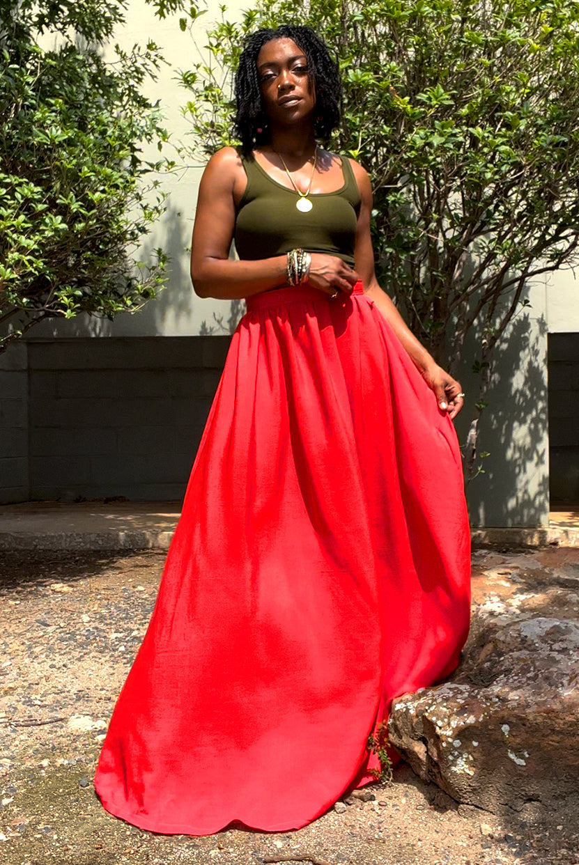 Orange maxi skirt outfit Clearance